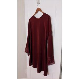 Boho lace shift dress burgundy long sleeved / S